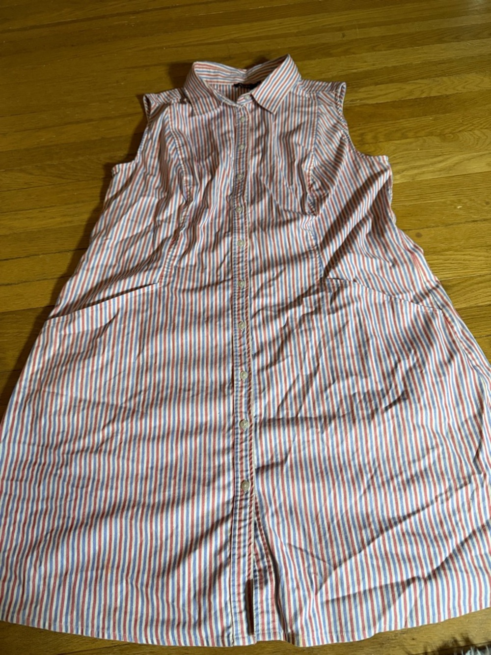 Ainsley 14 Sleeveless Button-Up Stripe Shirt Dress Red & Blue Stripes & pockets